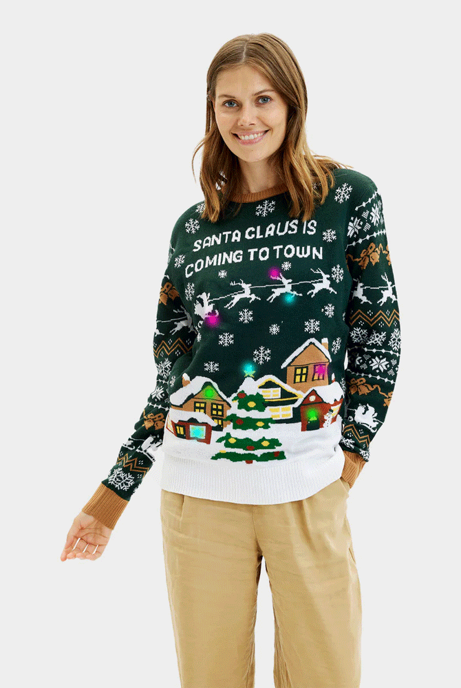 Pull de Noël pour Femme Lumineux LED Santa is Coming to Town