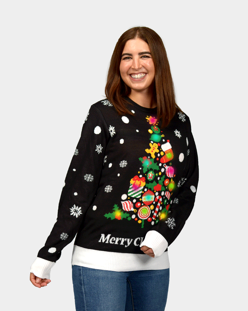 Sapin de Noël Pull de Noël pour Femme Lumineux LED Noire