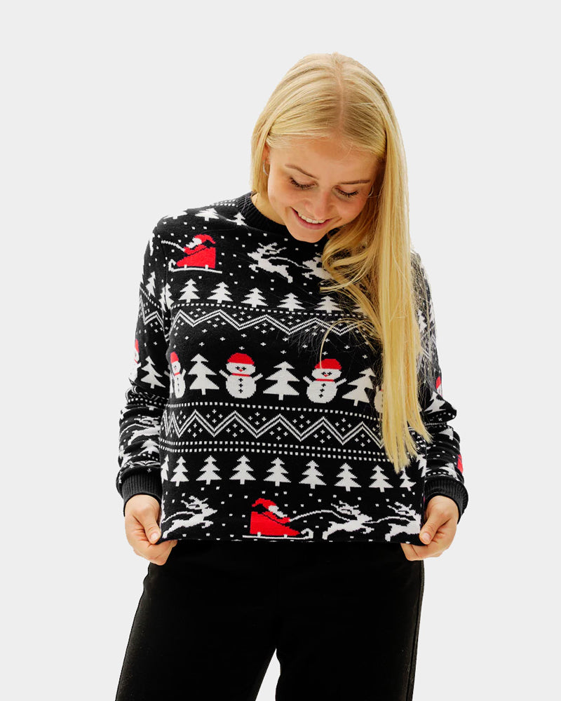 Pull de Noël pour Femme Noire Sapins, Bonhommes de Neige et Père Noël