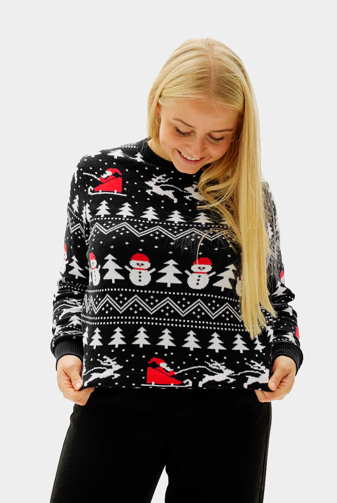 Pull de Noël pour Femme Noire Sapins, Bonhommes de Neige et Père Noël