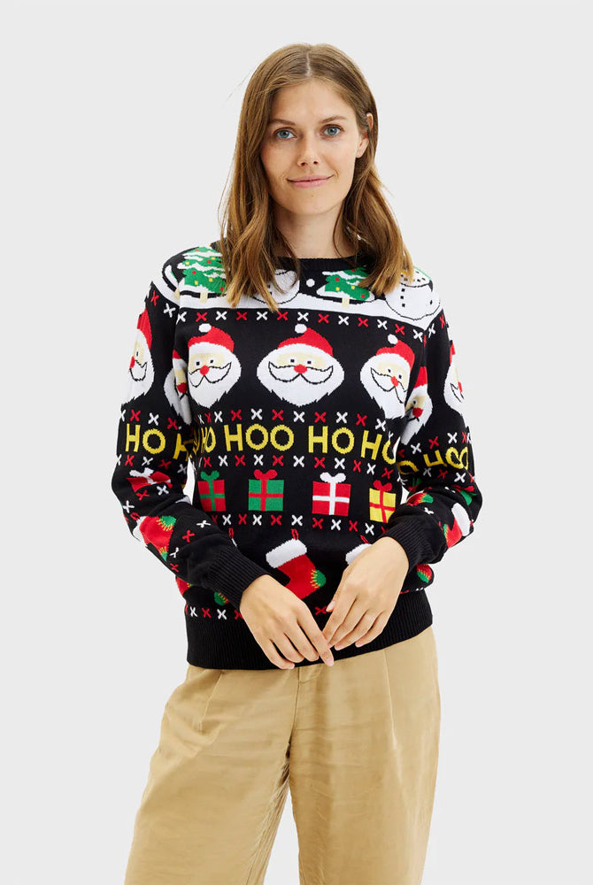 Pull de Noël Femme Père Noël Bonhommes de Neige Cadeaux et Coton Bio