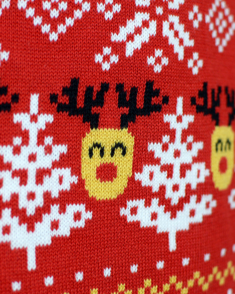 Pull de Noël Femme Rouge Bonhommes de Neige et Sapins Coton Bio Renne
