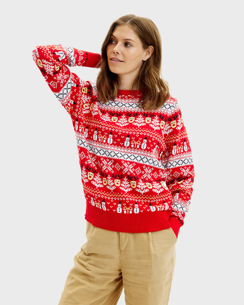 Pull de Noël Femme Rouge Bonhommes de Neige et Sapins Coton Bio