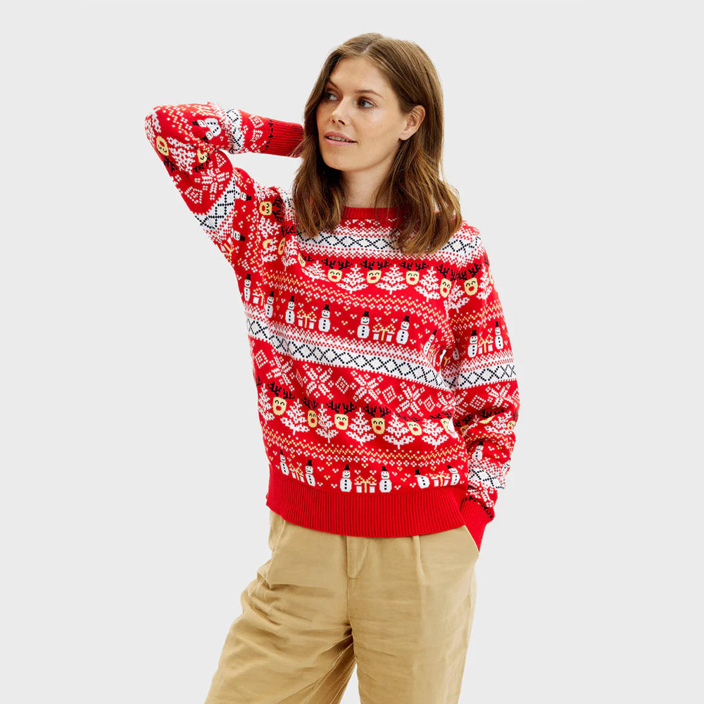 Pull de Noël Femme Rouge Bonhommes de Neige et Sapins Coton Bio