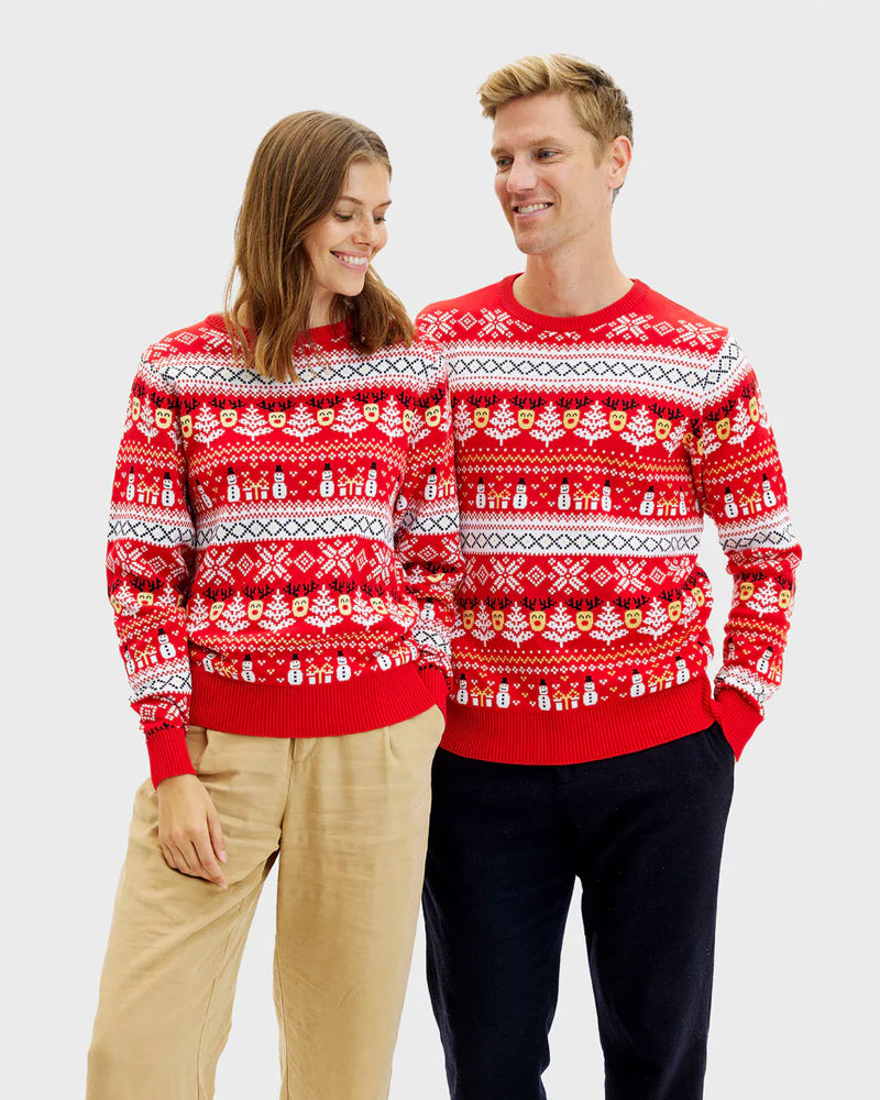 Pull de Noël Femme Rouge Homme Bonhommes de Neige et Sapins Coton Bio