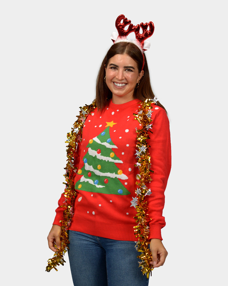 Pull de Noël pour Femme Rouge Sapin de Noël