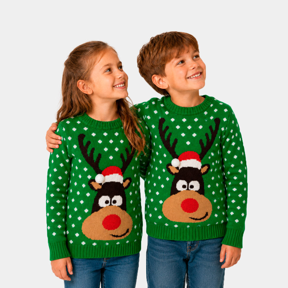 Pull de Noël pour Femme Vert Renne Enfant Bonnet de Noël 3D