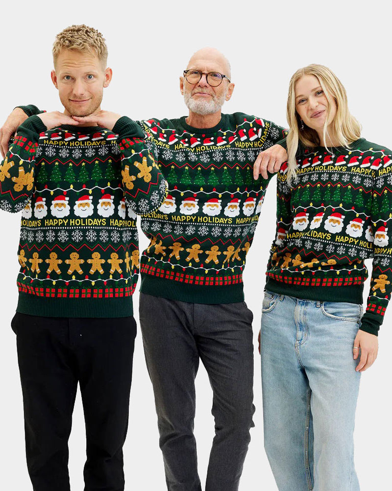 Pull de Noël Homme Femme Vert Happy Holidays