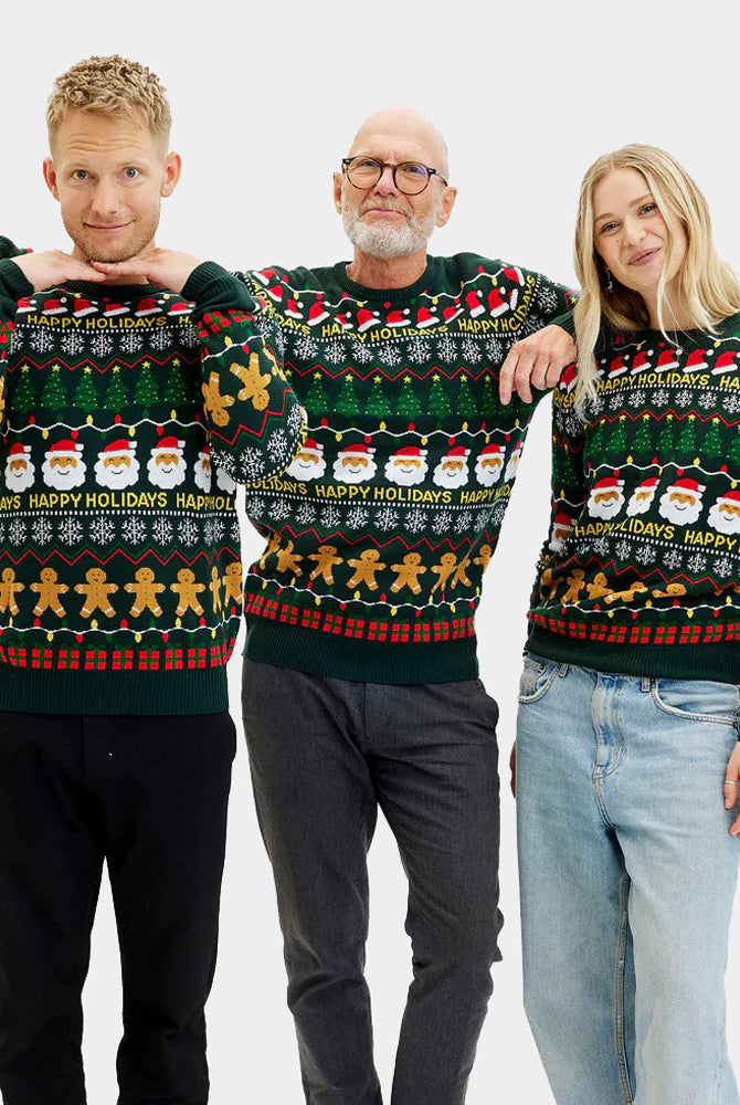 Pull de Noël Homme Femme Vert Happy Holidays