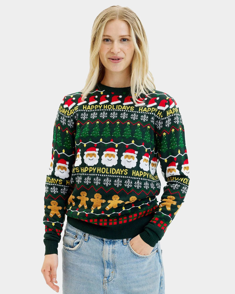 Pull de Noël pour Femme Vert Happy Holidays