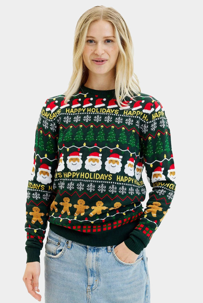 Pull de Noël pour Femme Vert Happy Holidays