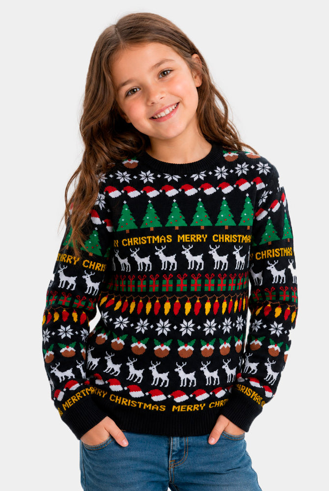 Pull de Noël pour Fille Noir avec Sapins, Rennes et Cadeaux