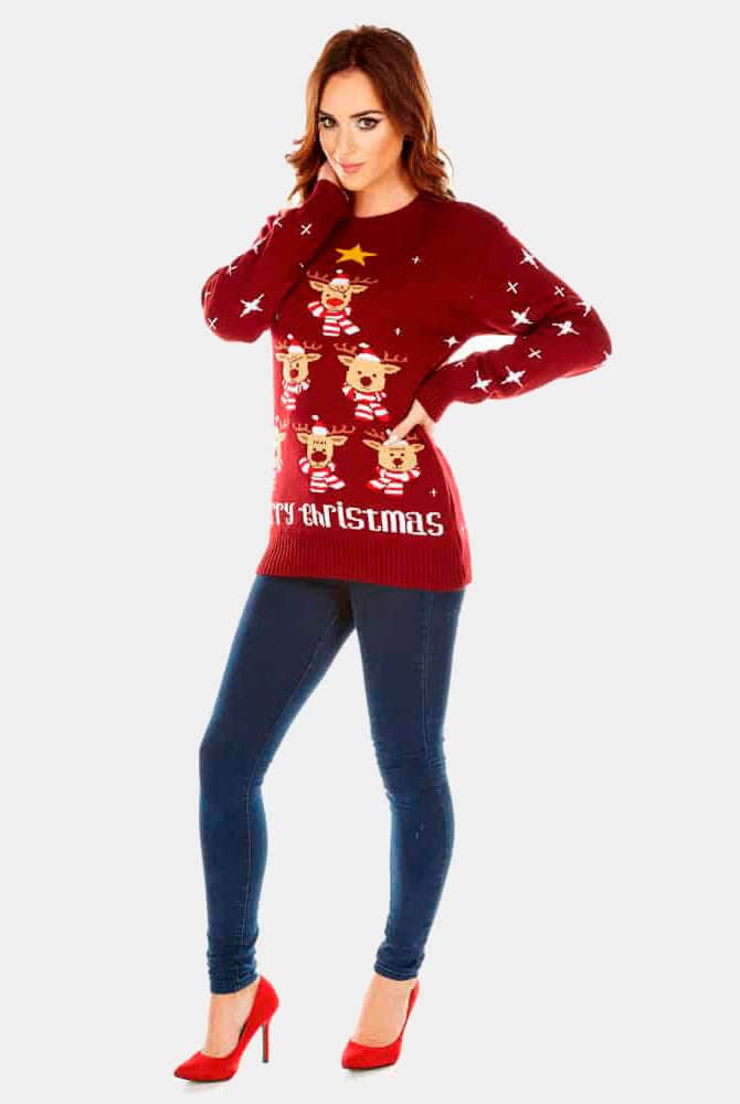 Pull de Noël Grenat Femme Rennes, Sapin de Noël et Étoiles
