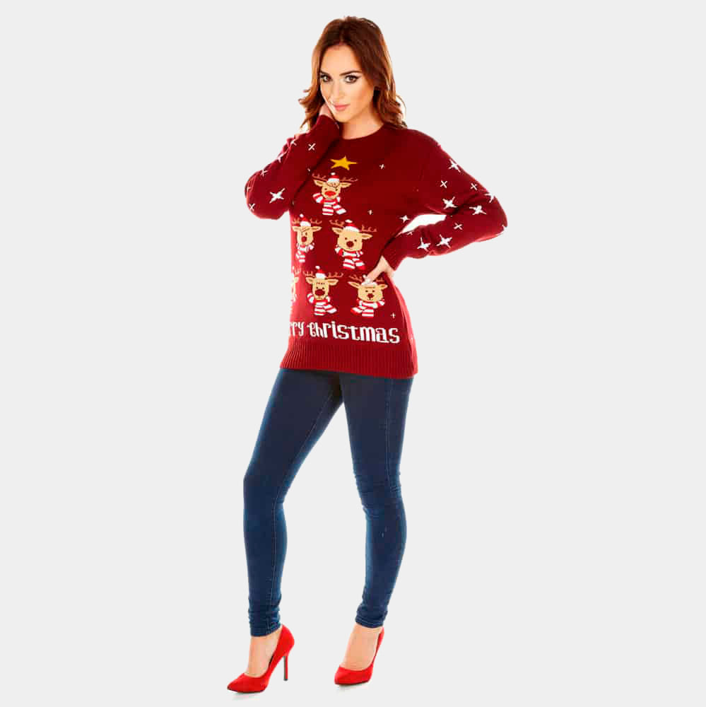 Pull de Noël Grenat Femme Rennes, Sapin de Noël et Étoiles