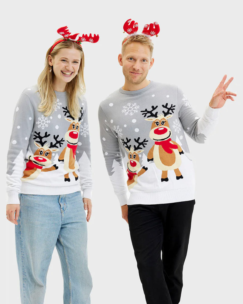Pull de Noël famille et Femme Gris avec Rennes Mignonnes
