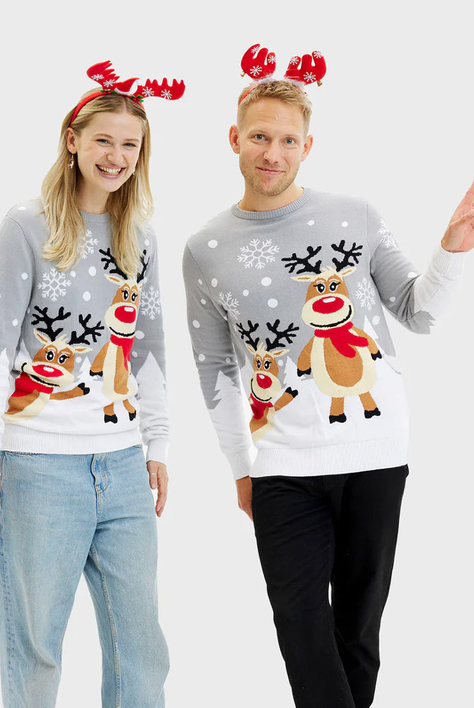 Pull de Noël famille et Femme Gris avec Rennes Mignonnes