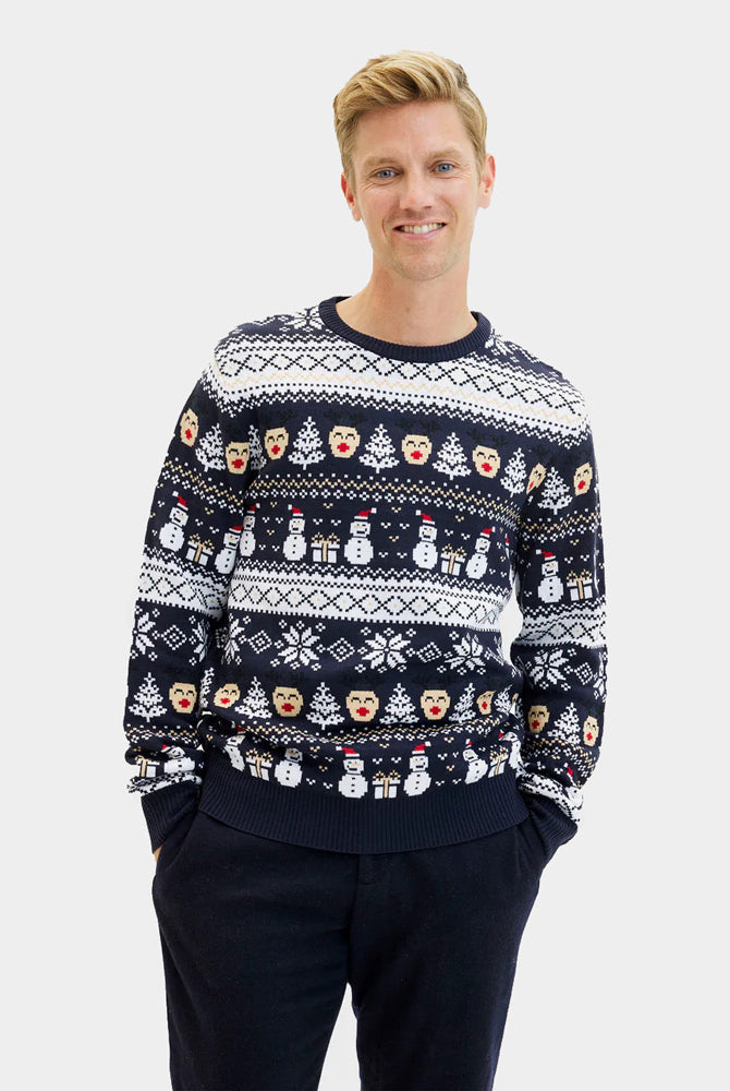 Pull de Noël pour Homme Bleu Bonhommes de Neige et Sapins