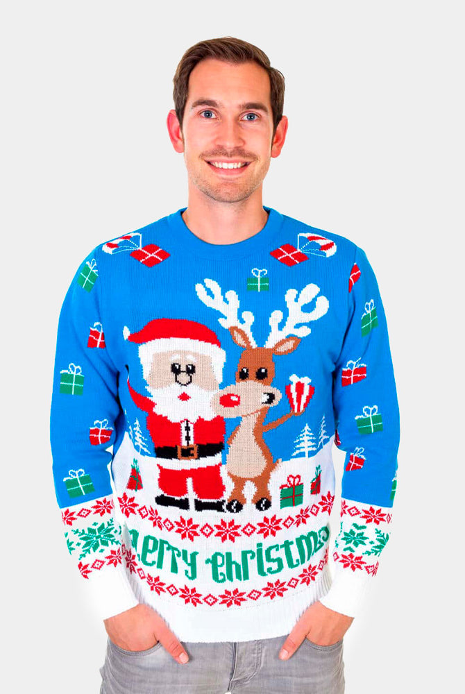 Pull de Noël pour Homme Bleu Ciel avec Rudolph le Renne et Père Noël