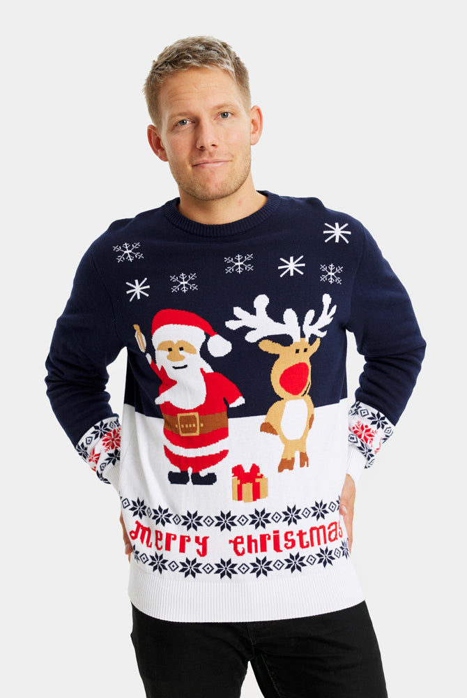Pull de Noël pour Homme Bleu Père Noël et Rudolph le Renne Coton Bio