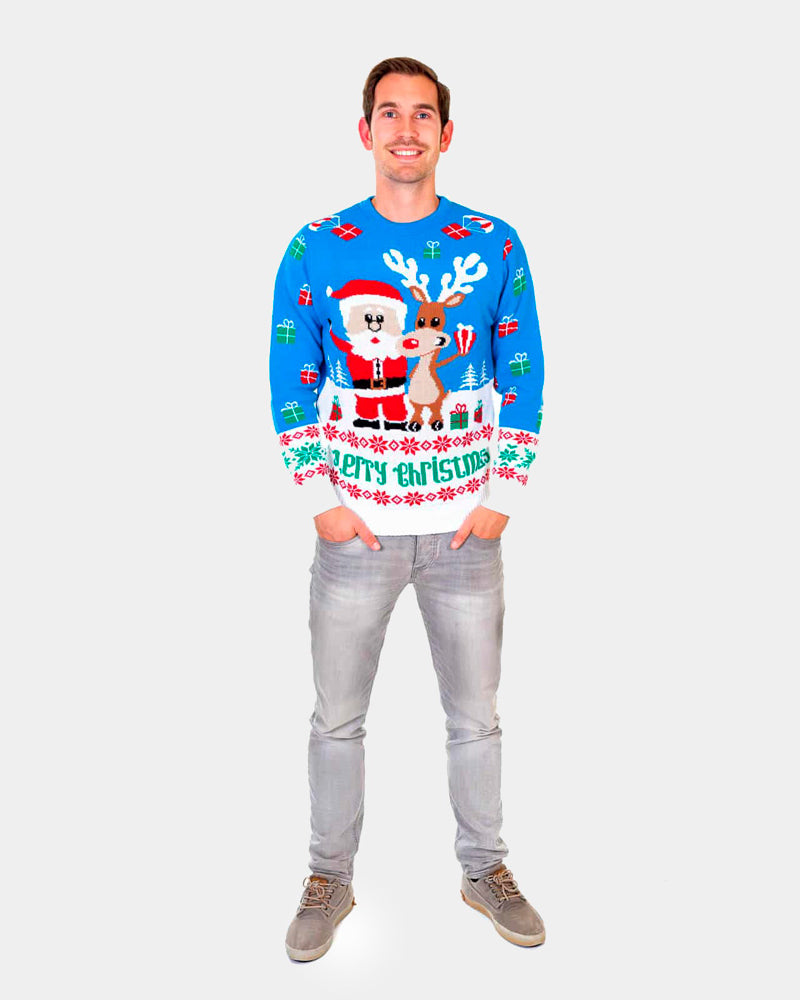 Pull de Noël pour Homme Bleu Rudolph le Renne et Père Noël