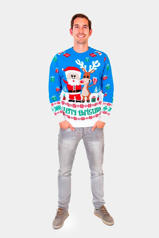 Pull de Noël pour Homme Bleu Rudolph le Renne et Père Noël
