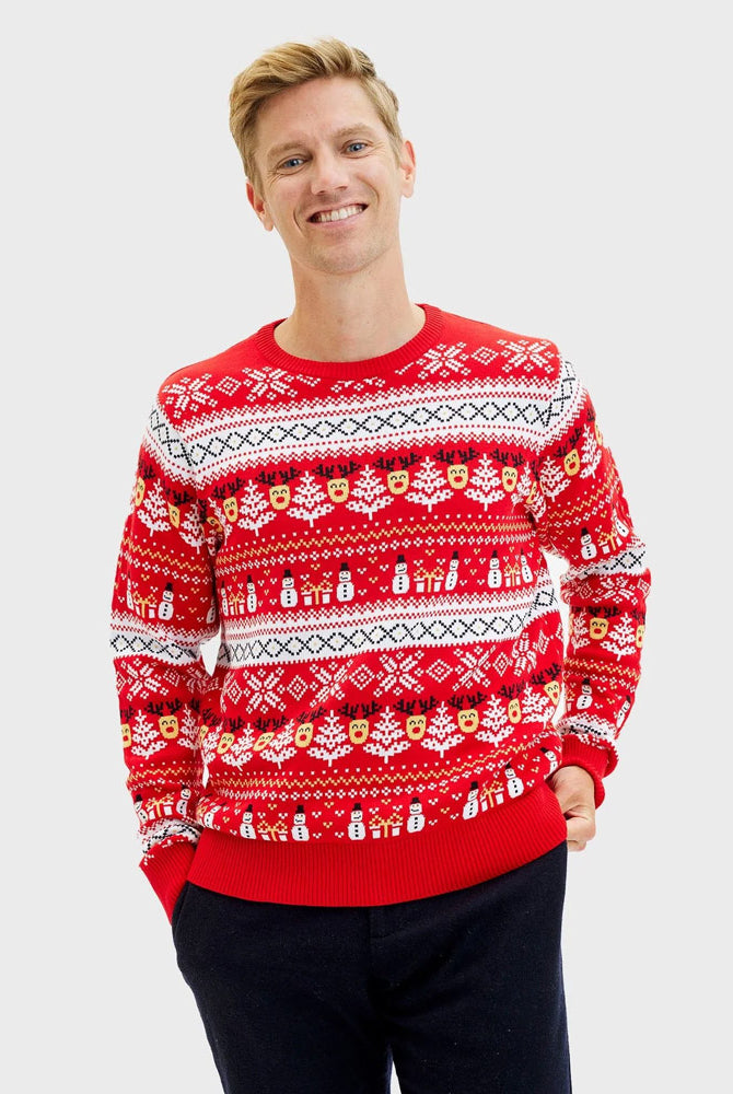 Pull de Noël Homme Bonhommes de Neige et Sapins Coton Bio Rouge