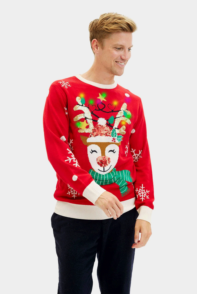 Pull de Noël pour Homme Brillant Lumineux LED Renne Paillettes