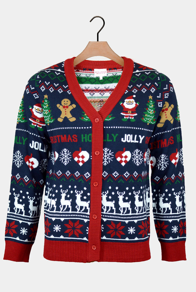 Pull de Noël Cardigan pour Homme Bleu et Rouge Holly Jolly