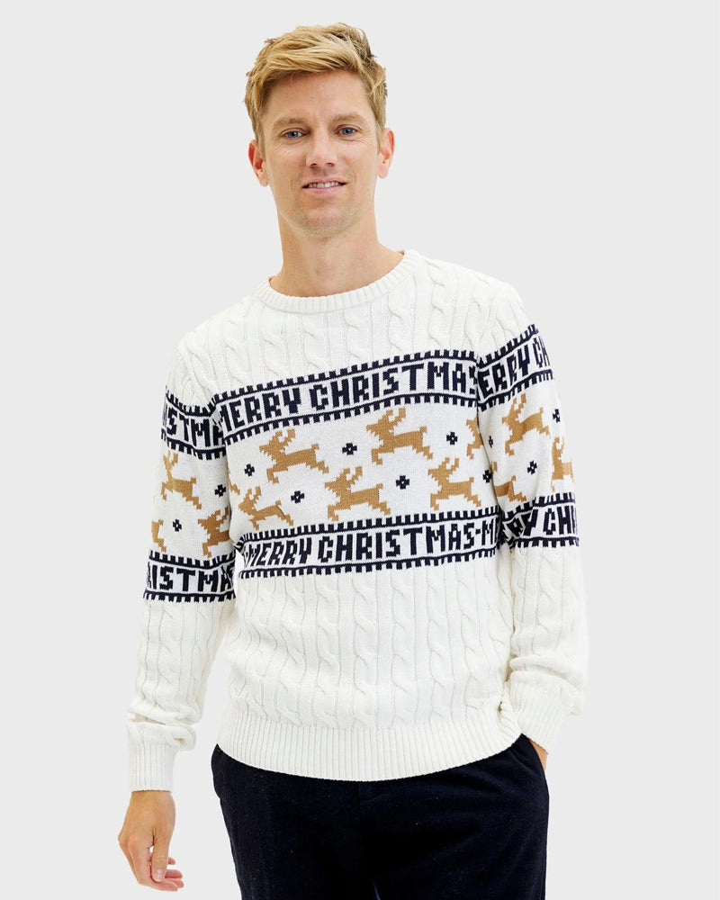 Pull de Noël pour Homme Blanc Chic Rennes Coton Bio