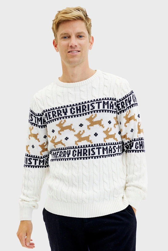 Pull de Noël pour Homme Blanc Chic Rennes Coton Bio