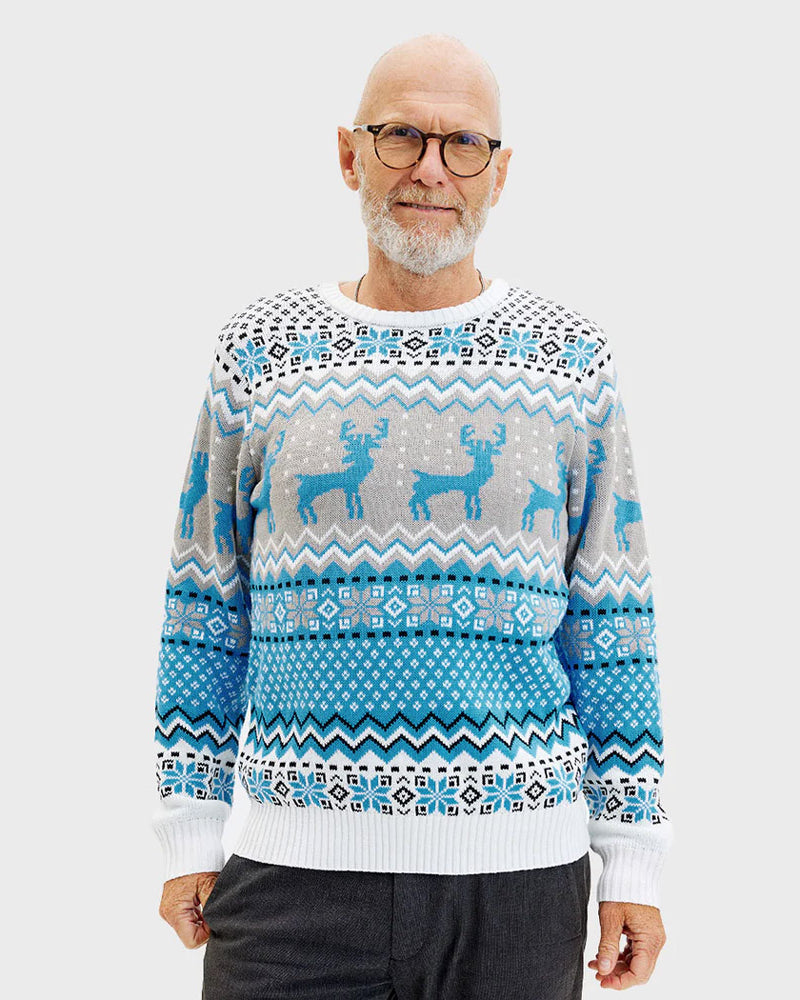 Pull de Noël Chic Homme Femme Blanc, Gris et Bleu avec Rennes
