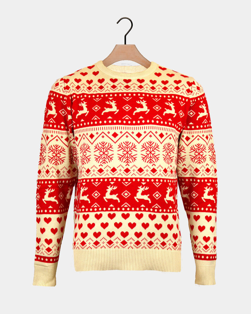 Pull de Noël pour Homme avec Cœurs Rouges et Beige Bio Coton