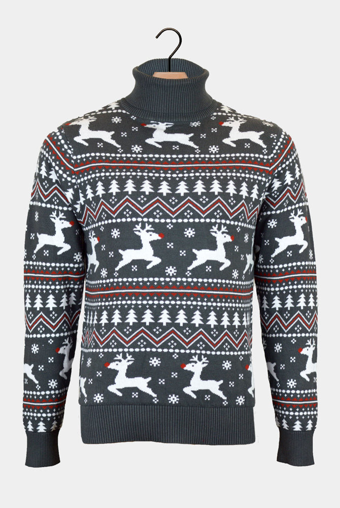 Pull de Noël pour Homme Coton Bioà Col Roulé Gris Rennes