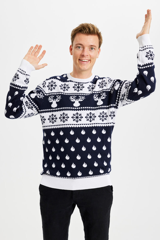 Pull de Noël homme Couple Bleu avec Rennes et Neige