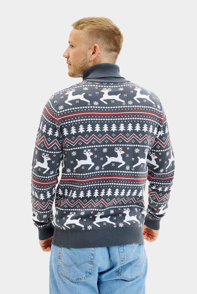 Homme Pull de Noël pour Couple à Col Roulé Gris Rennes Coton Bio