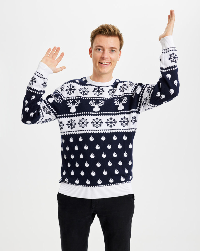 Pull de Noël homme Enfant Bleu avec Rennes et Neige