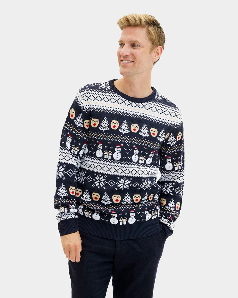 Pull de Noël Homme Femme Bleu Bonhommes de Neige et Sapins