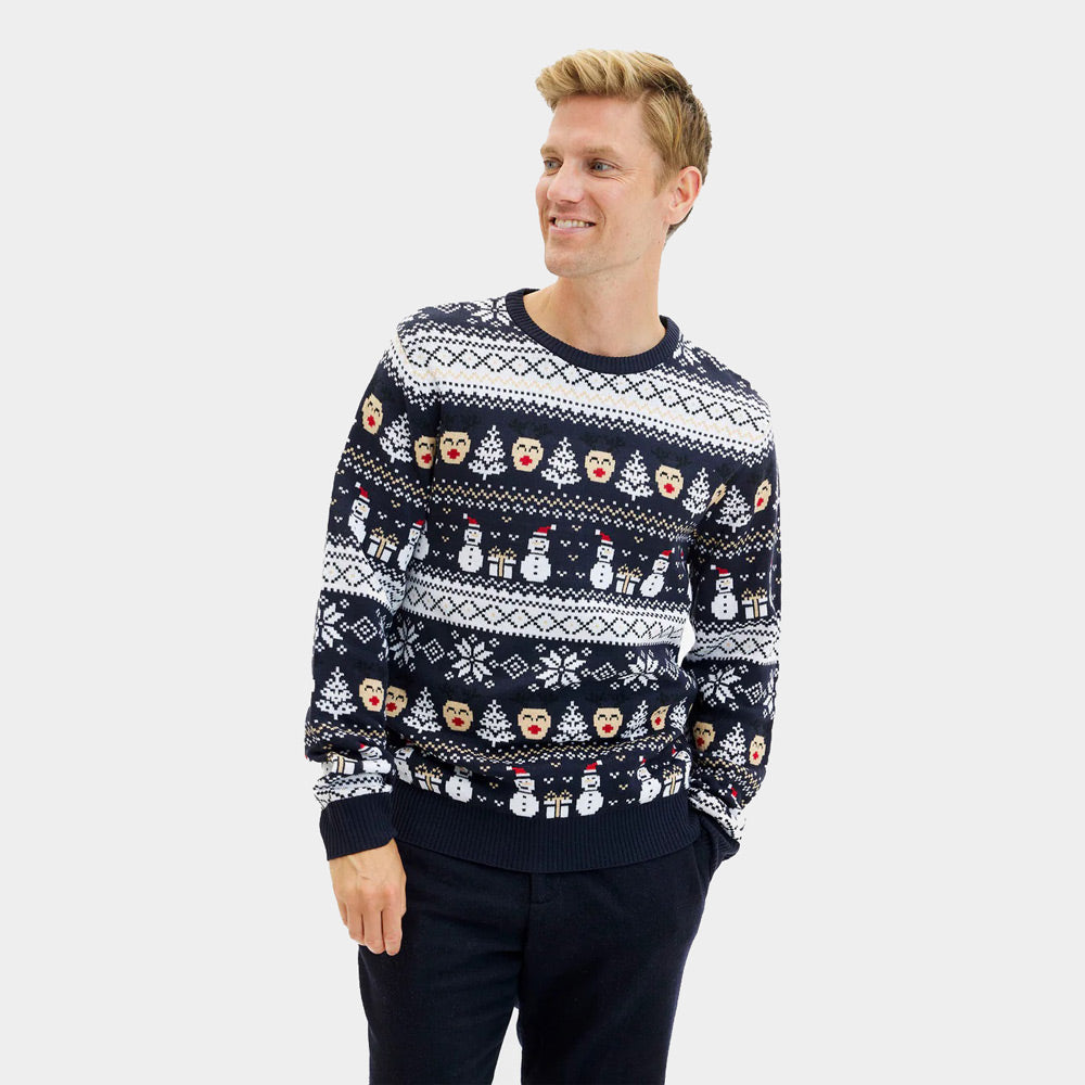 Pull de Noël Homme Femme Bleu Bonhommes de Neige et Sapins