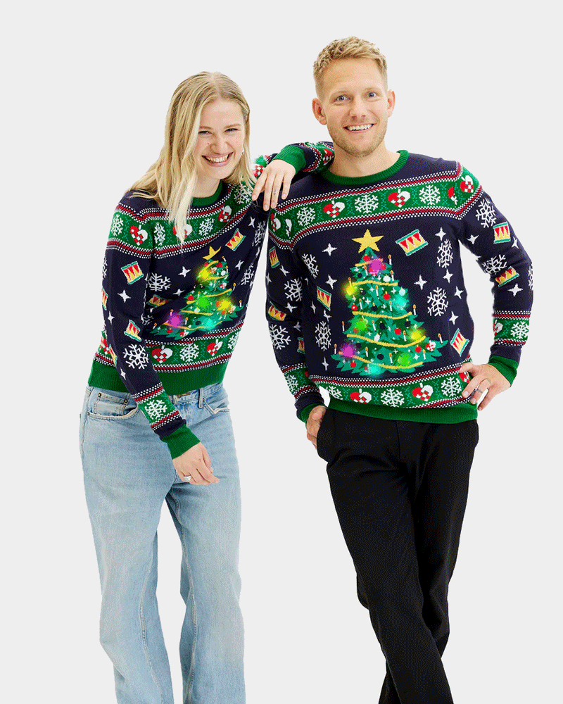 Pull de Noël pour Homme et Femme Lumineux LED Bleu avec Sapin de Noël