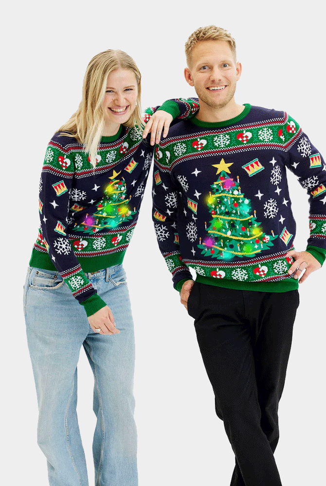 Pull de Noël pour Homme et Femme Lumineux LED Bleu avec Sapin de Noël
