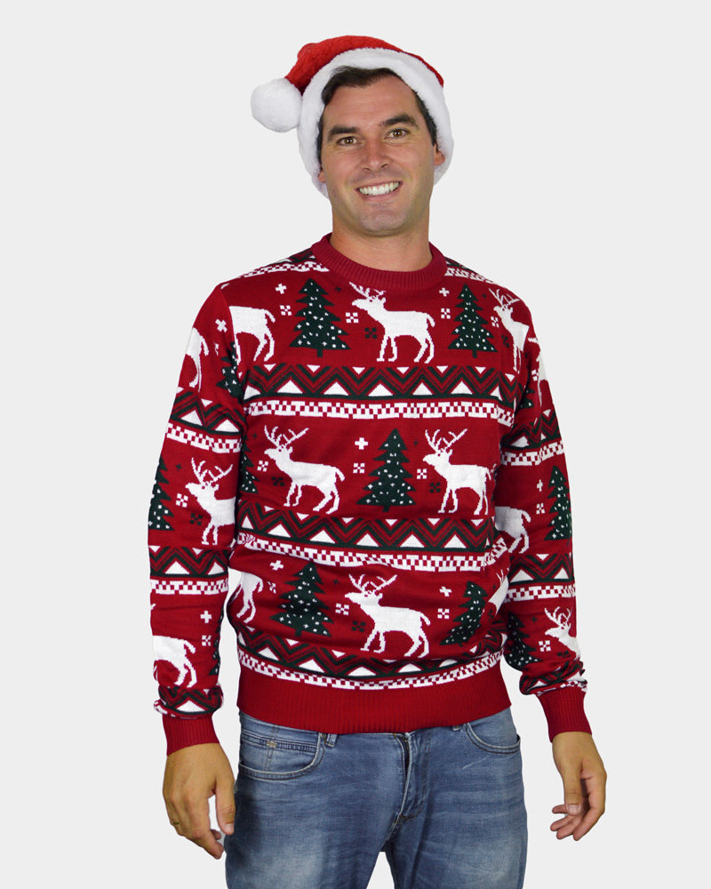 Pull de Noël pour Femme Rouge Homme Sapins de Noël et Rennes