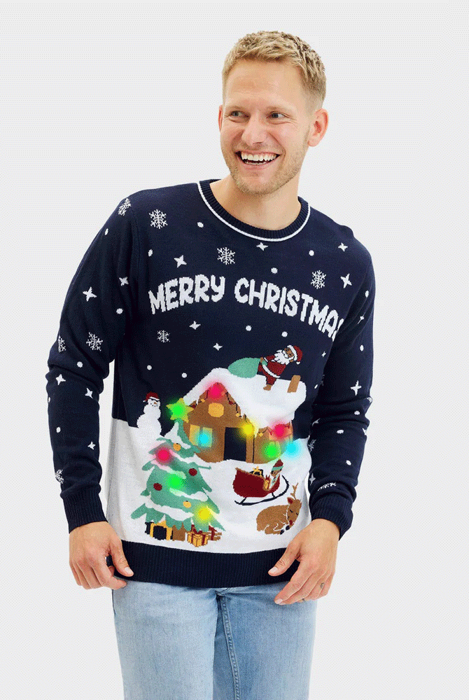 Pull de Noël pour Homme Lumineux LED Bleu Merry Christmas