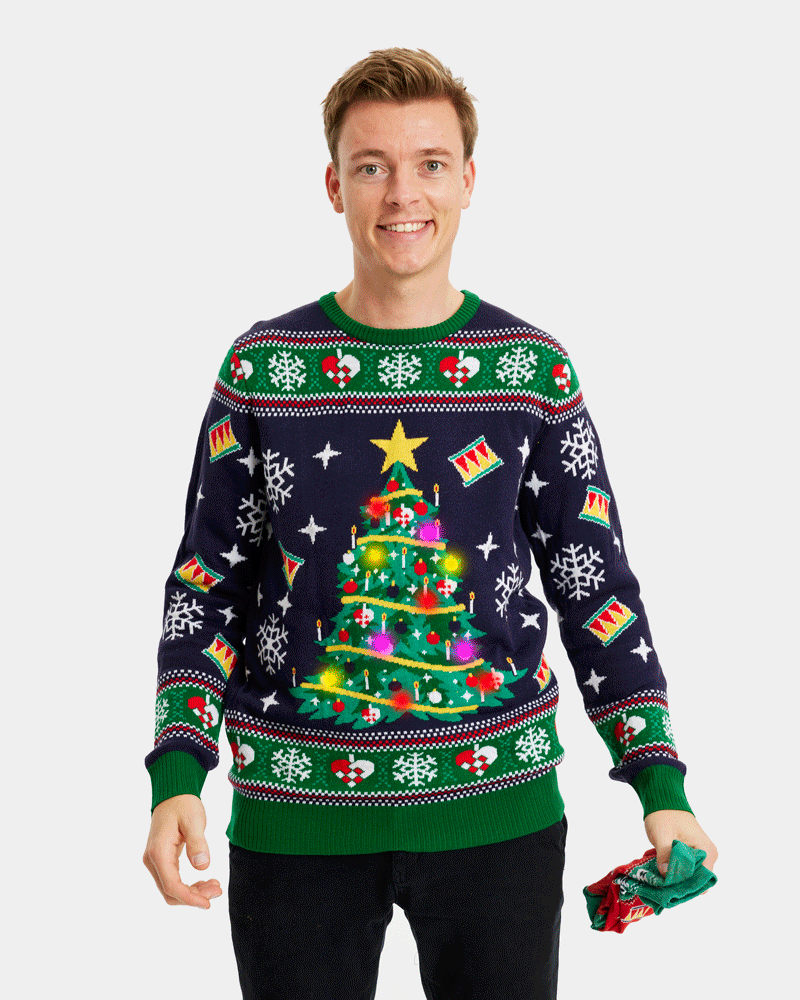 Pull de Noël pour Homme Lumineux LED Bleu avec Sapin de Noël