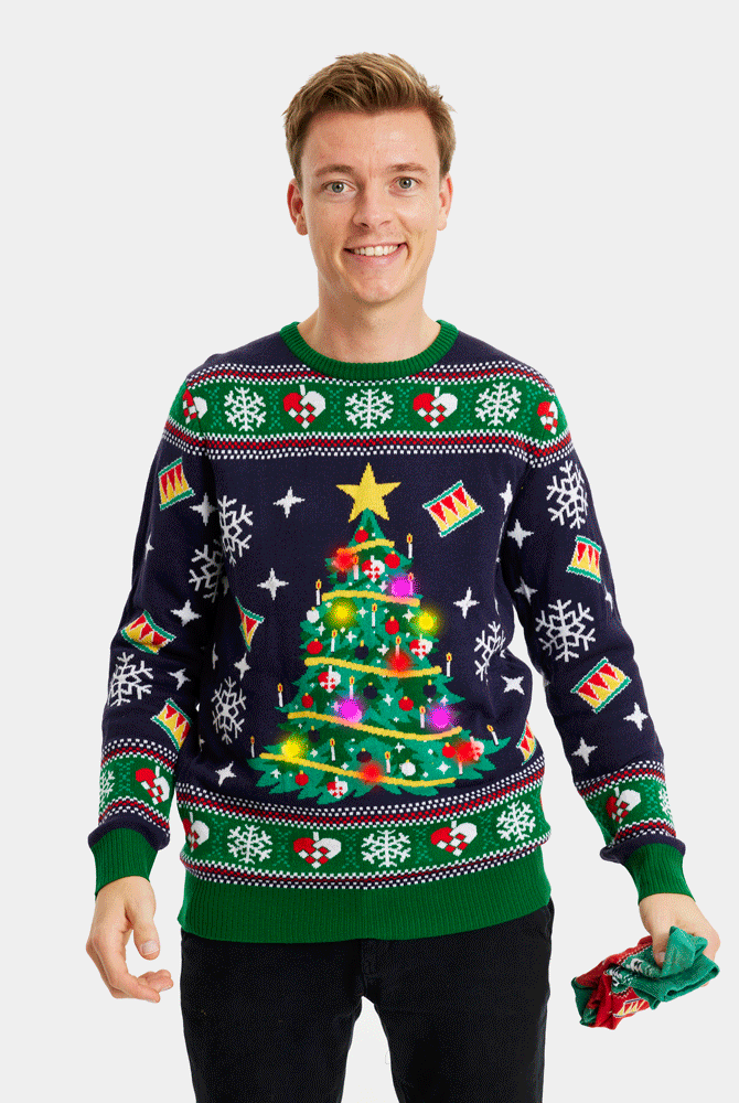 Pull de Noël pour Homme Lumineux LED Bleu avec Sapin de Noël