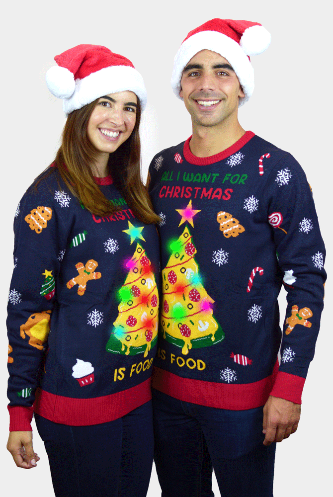Pull de Noël pour Homme Lumineux LED Christmas Food femme