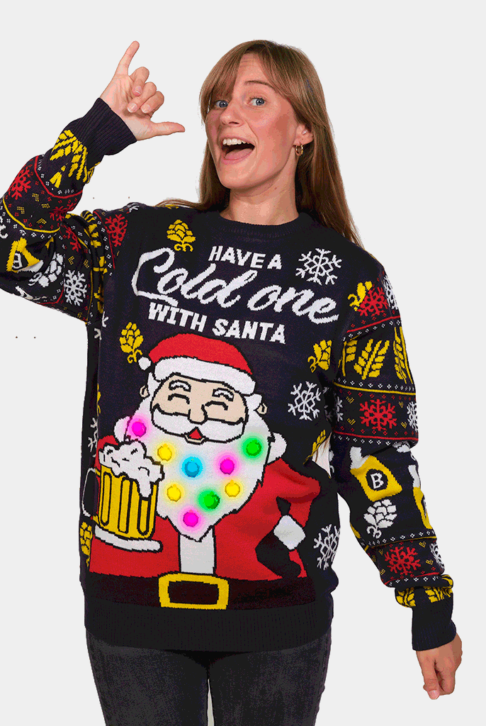 Pull de Noël pour Homme Lumineux LED Femme Père Noël avec Bière