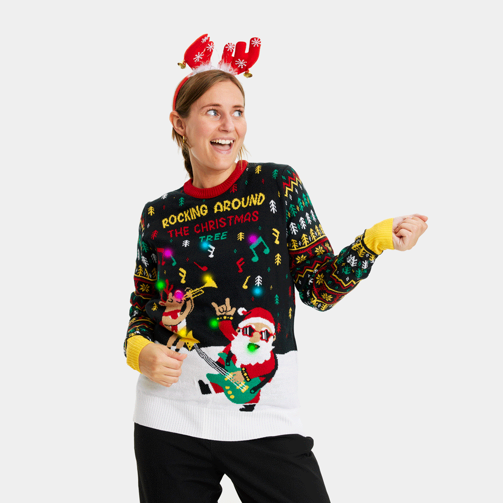 Pull de Noël pour Homme Lumineux LED Femme Père Noël Rocker