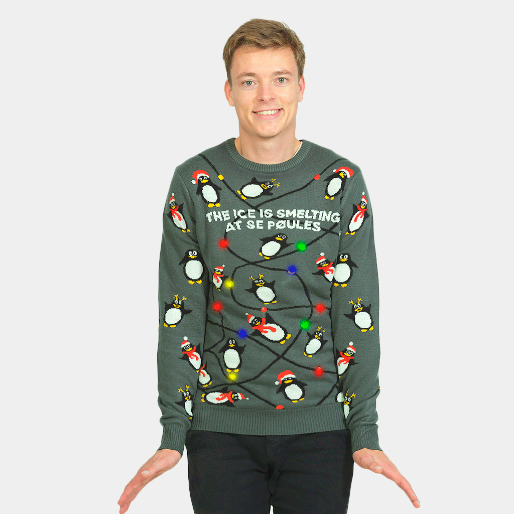 Pull de Noël pour Homme Lumineux LED Gris avec Pingouins