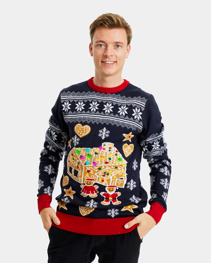 Pull de Noël pour Homme Lumineux LED Maison de pain d'épices