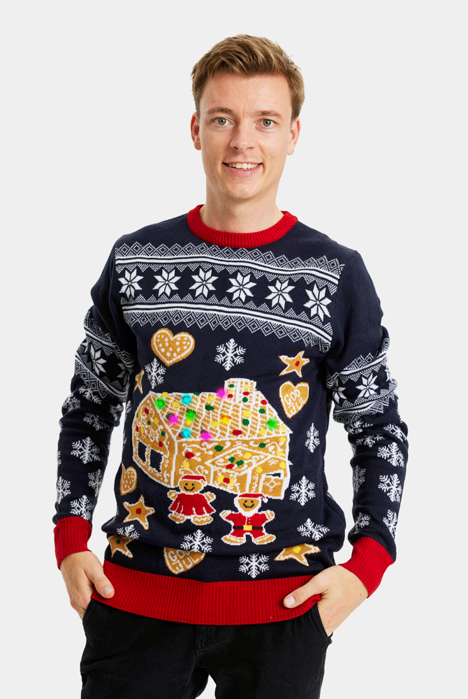 Pull de Noël pour Homme Lumineux LED Maison de pain d'épices